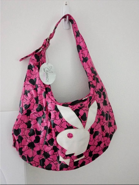 PLAYBOY Handbags - PLAYBOY Pink and Black Heart-Print Shoulder Bag with White Bunny Appliqué